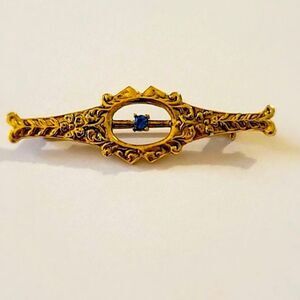Gold Tone Bar Pin Brooch Sparkling Blue Gemstone Beautiful Classic Vintage